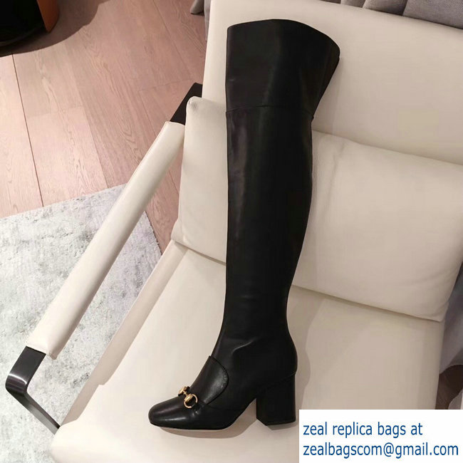 Gucci Heel 6.5cm Horsebit Leather Knee Boots Black 2018