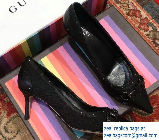 Gucci Heel 6.5cm Horsebit Pumps GG Black 2018 - Click Image to Close