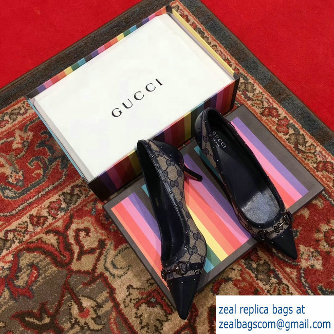 Gucci Heel 6.5cm Horsebit Pumps GG Blue 2018 - Click Image to Close