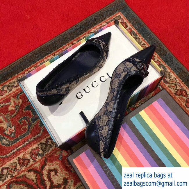 Gucci Heel 6.5cm Horsebit Pumps GG Blue 2018 - Click Image to Close