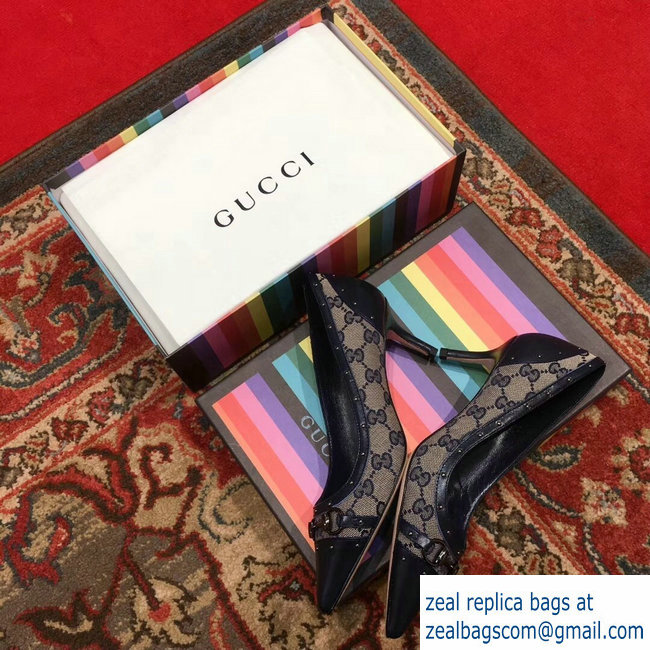 Gucci Heel 6.5cm Horsebit Pumps GG Blue 2018 - Click Image to Close