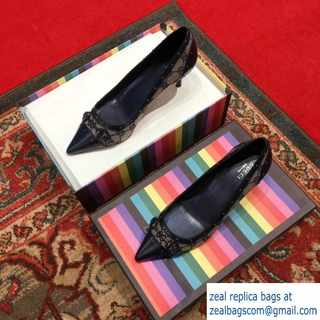 Gucci Heel 6.5cm Horsebit Pumps GG Blue 2018 - Click Image to Close