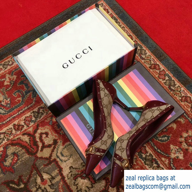 Gucci Heel 6.5cm Horsebit Pumps GG Burgundy 2018 - Click Image to Close