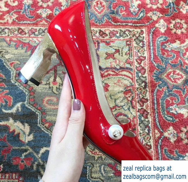 Gucci Heel 6.5cm Patent Leather Pearl Detail Pumps Red 2018 - Click Image to Close