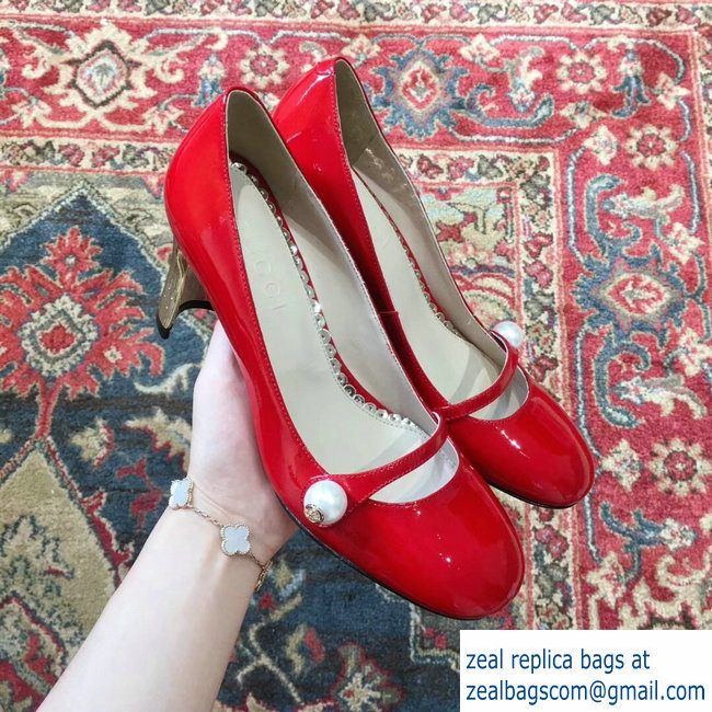 Gucci Heel 6.5cm Patent Leather Pearl Detail Pumps Red 2018