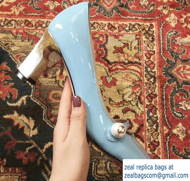 Gucci Heel 6.5cm Patent Leather Pearl Detail Pumps Sky Blue 2018 - Click Image to Close