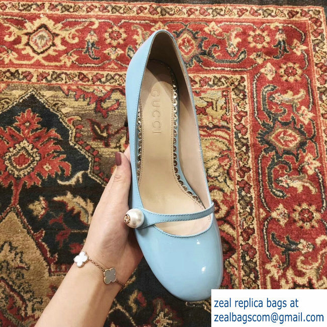 Gucci Heel 6.5cm Patent Leather Pearl Detail Pumps Sky Blue 2018