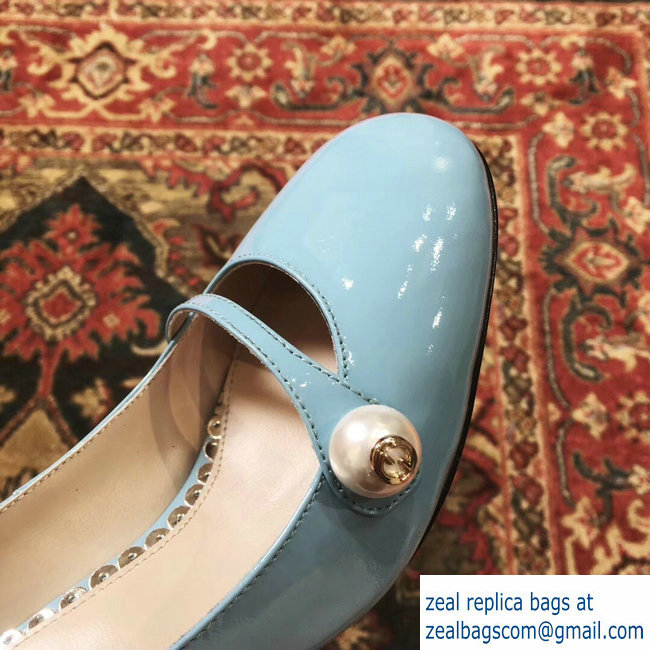 Gucci Heel 6.5cm Patent Leather Pearl Detail Pumps Sky Blue 2018 - Click Image to Close