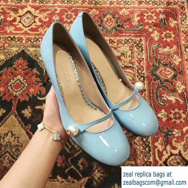 Gucci Heel 6.5cm Patent Leather Pearl Detail Pumps Sky Blue 2018