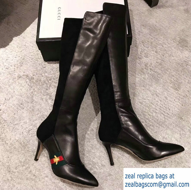 Gucci Heel 8.5cm Web Bee Knee Boots Black 2018 - Click Image to Close