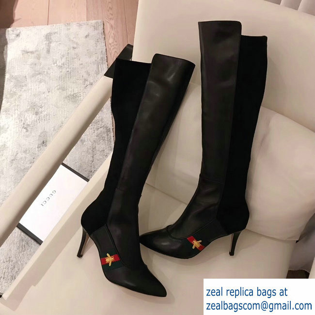 Gucci Heel 8.5cm Web Bee Knee Boots Black 2018