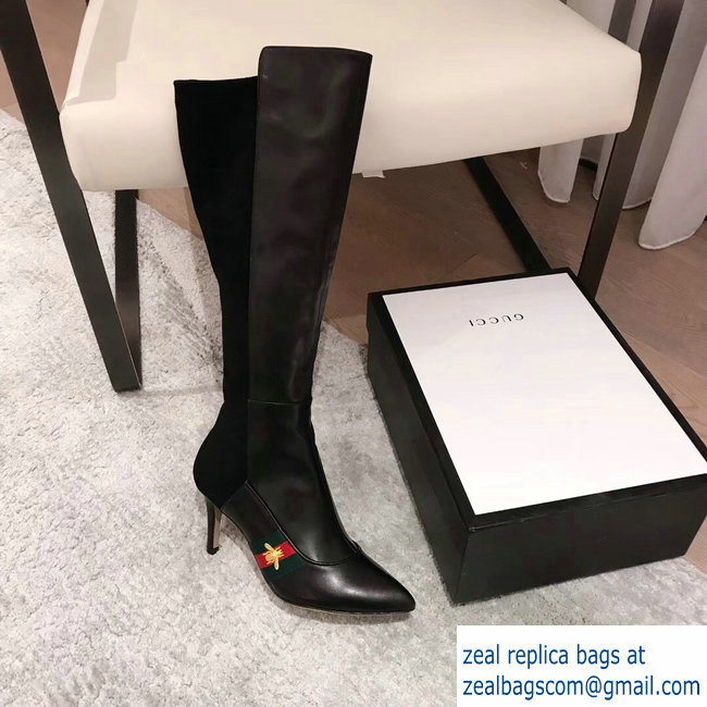 Gucci Heel 8.5cm Web Bee Knee Boots Black 2018 - Click Image to Close