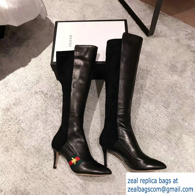 Gucci Heel 8.5cm Web Bee Knee Boots Black 2018 - Click Image to Close