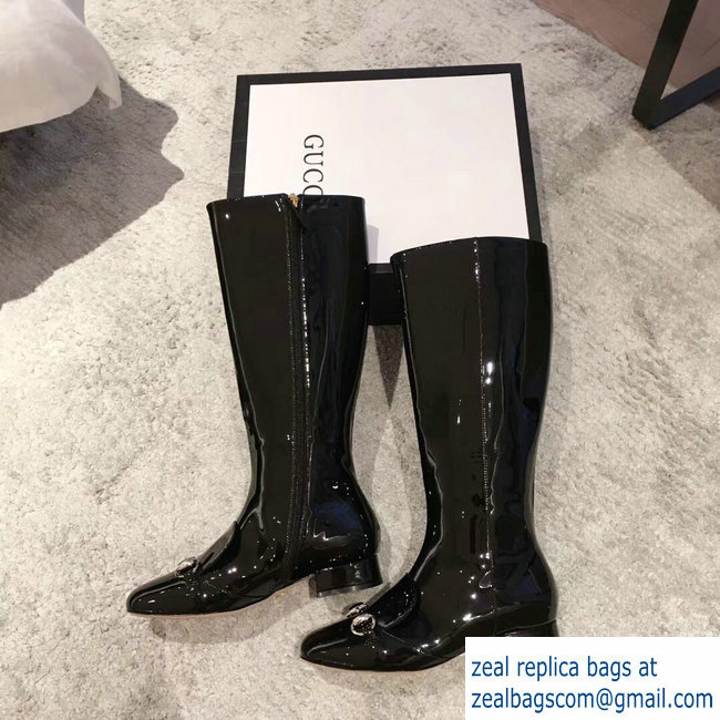 Gucci Horsebit Patent Leather High Boots Black 2018