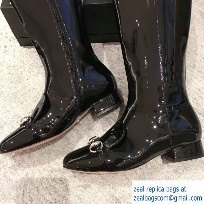 Gucci Horsebit Patent Leather High Boots Black 2018