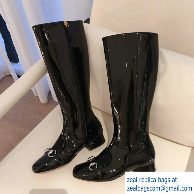 Gucci Horsebit Patent Leather High Boots Black 2018