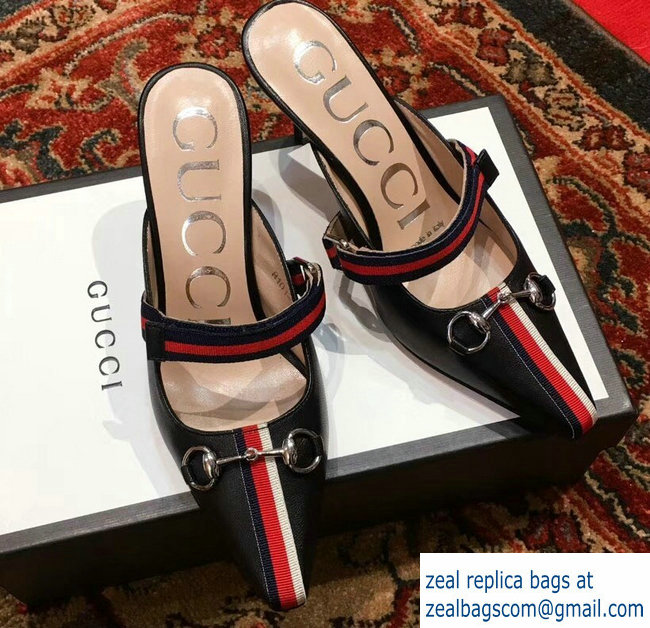 Gucci Horsebit and Sylvie Web Mid-heel Slides 549617 Black 2018 - Click Image to Close