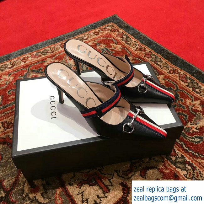 Gucci Horsebit and Sylvie Web Mid-heel Slides 549617 Black 2018 - Click Image to Close