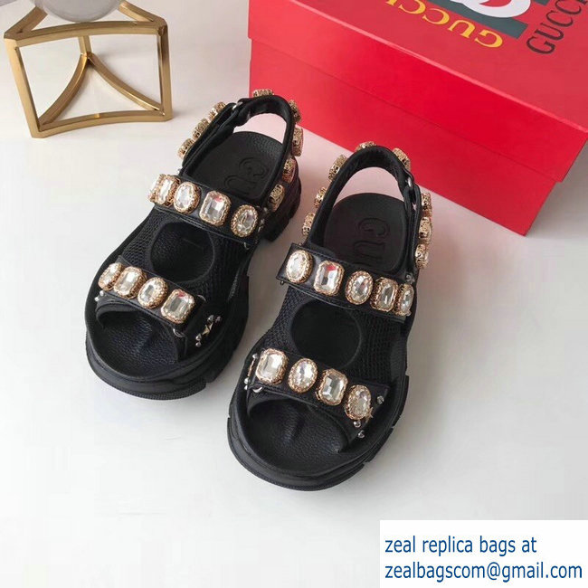 Gucci Leather And Mesh Sandals With Crystals 557471 Black 2019