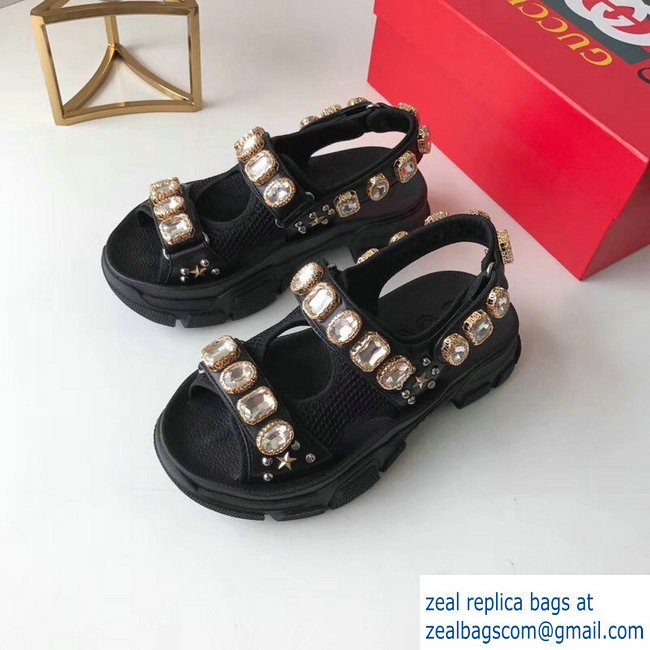 Gucci Leather And Mesh Sandals With Crystals 557471 Black 2019