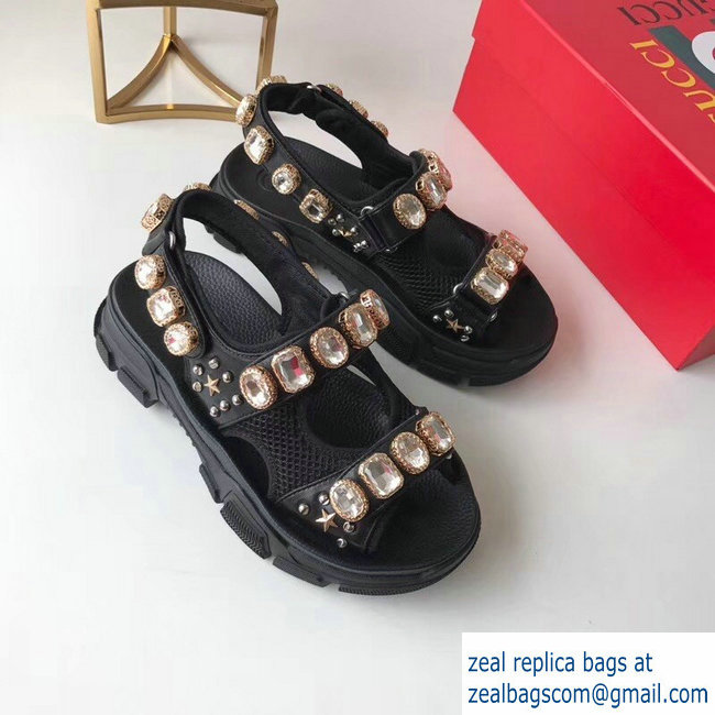 Gucci Leather And Mesh Sandals With Crystals 557471 Black 2019