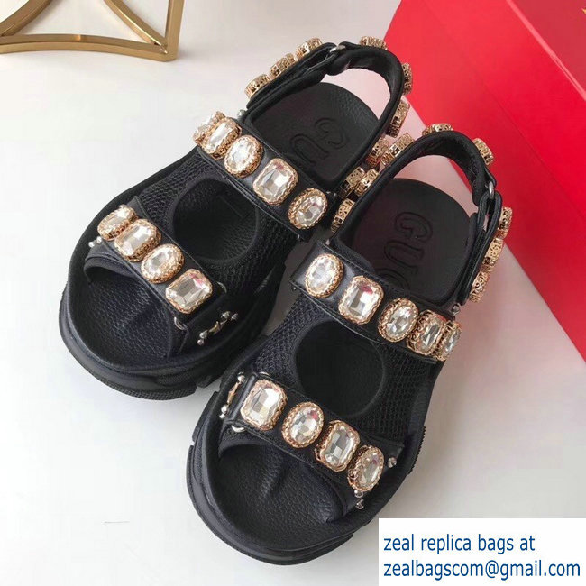 Gucci Leather And Mesh Sandals With Crystals 557471 Black 2019 - Click Image to Close