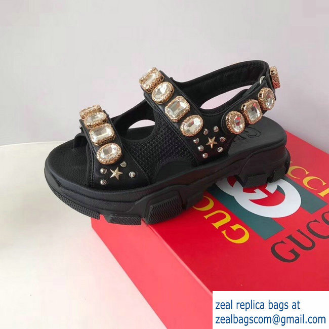Gucci Leather And Mesh Sandals With Crystals 557471 Black 2019 - Click Image to Close