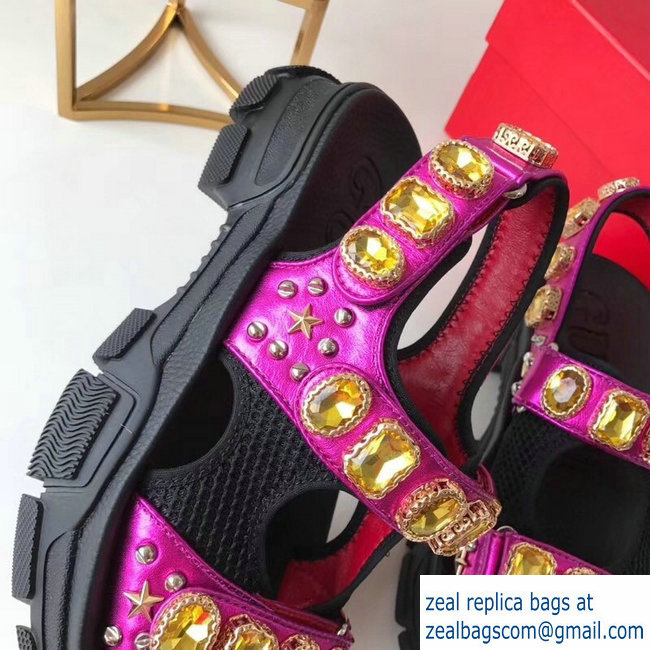Gucci Leather And Mesh Sandals With Crystals 557471 Black/Metallic Fuchsia 2019