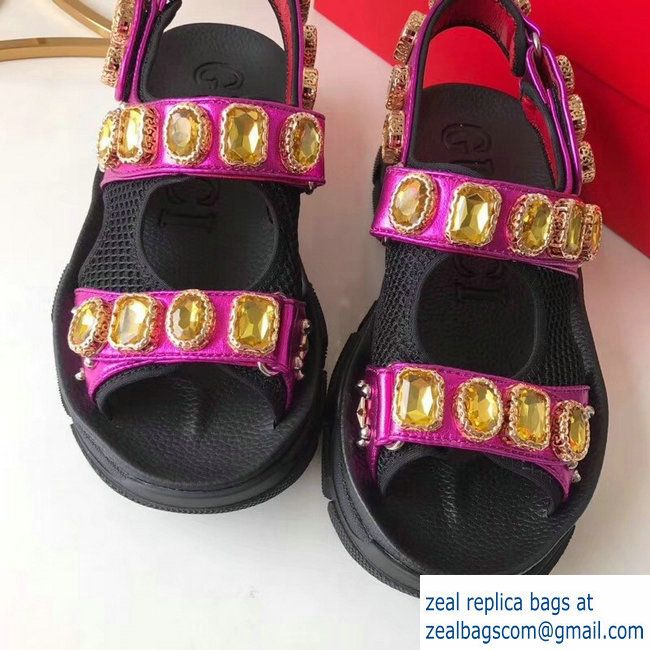 Gucci Leather And Mesh Sandals With Crystals 557471 Black/Metallic Fuchsia 2019