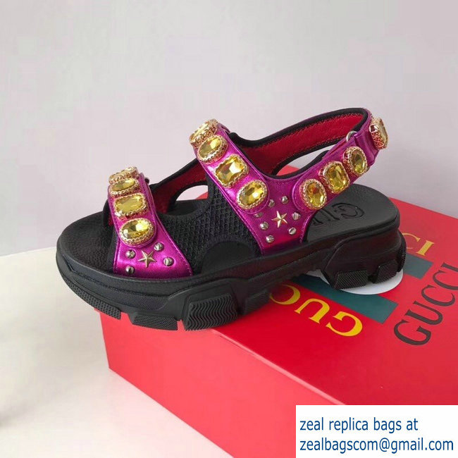 Gucci Leather And Mesh Sandals With Crystals 557471 Black/Metallic Fuchsia 2019 - Click Image to Close