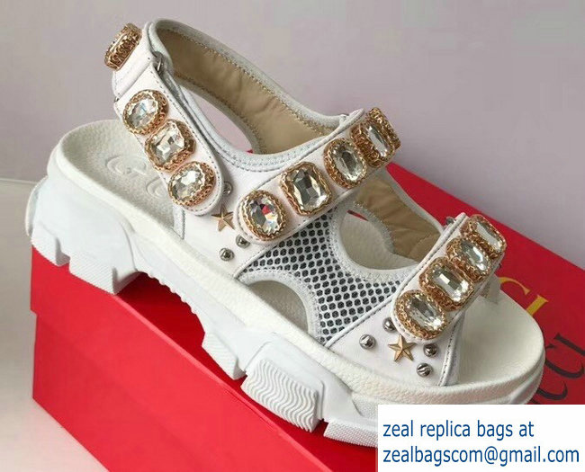 Gucci Leather And Mesh Sandals With Crystals 557471 White 2019 - Click Image to Close
