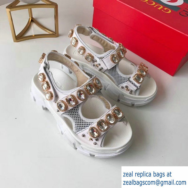 Gucci Leather And Mesh Sandals With Crystals 557471 White 2019 - Click Image to Close
