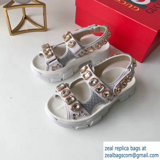 Gucci Leather And Mesh Sandals With Crystals 557471 White 2019