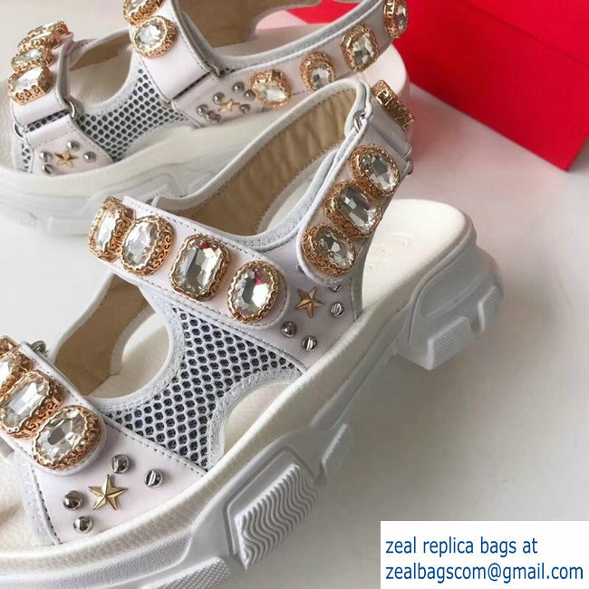 Gucci Leather And Mesh Sandals With Crystals 557471 White 2019 - Click Image to Close