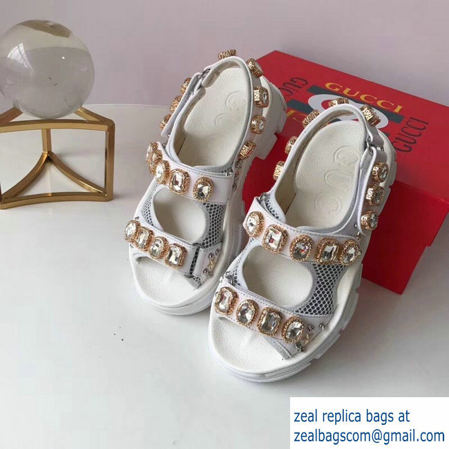 Gucci Leather And Mesh Sandals With Crystals 557471 White 2019 - Click Image to Close