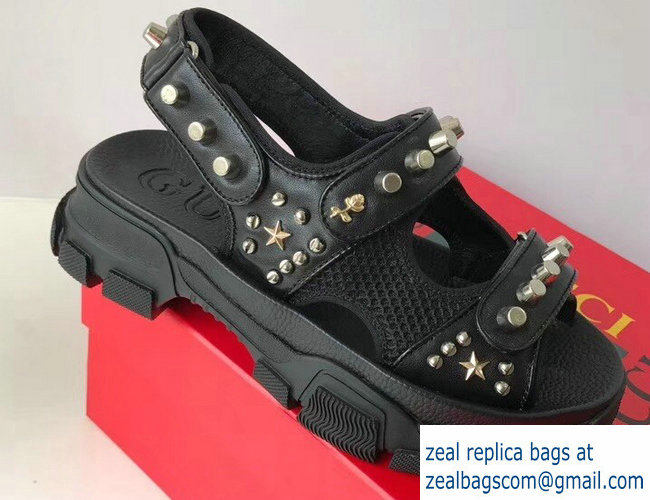 Gucci Leather And Mesh Sandals With Studs 546073 Black 2019