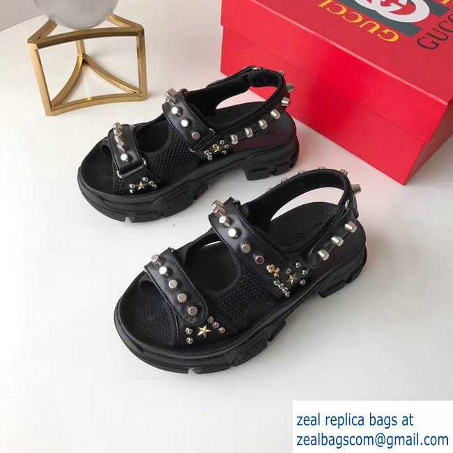 Gucci Leather And Mesh Sandals With Studs 546073 Black 2019 - Click Image to Close