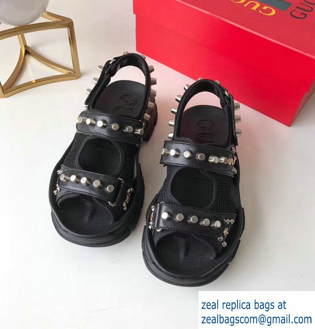 Gucci Leather And Mesh Sandals With Studs 546073 Black 2019 - Click Image to Close
