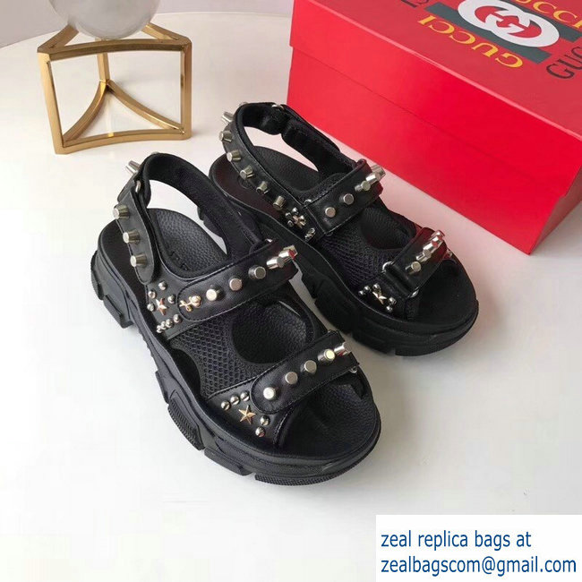 Gucci Leather And Mesh Sandals With Studs 546073 Black 2019
