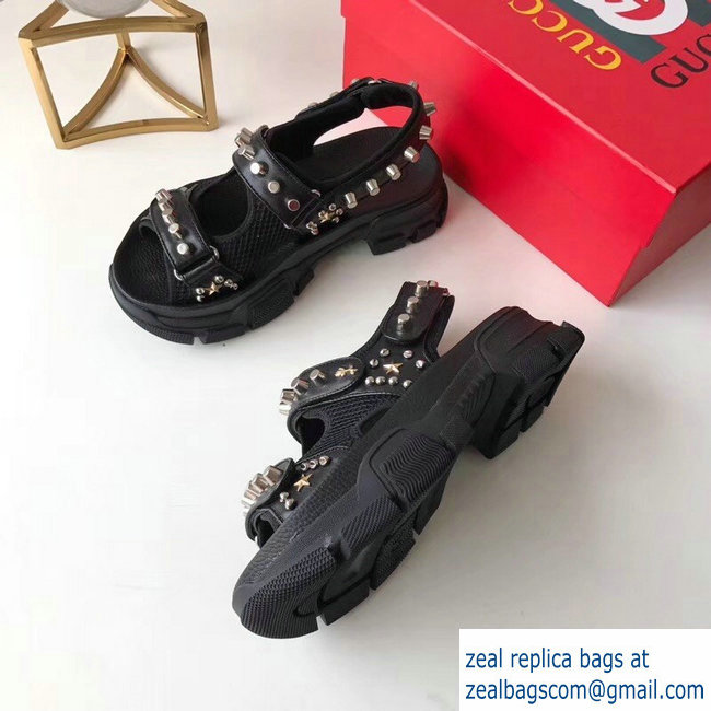 Gucci Leather And Mesh Sandals With Studs 546073 Black 2019 - Click Image to Close