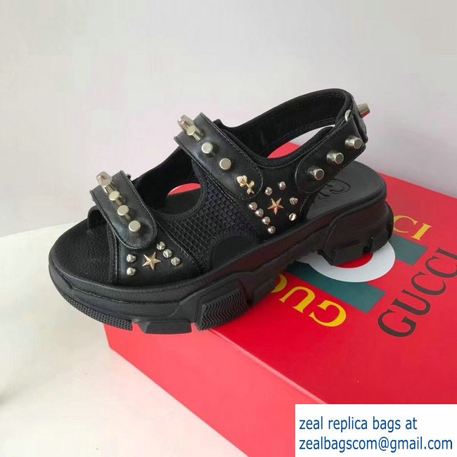 Gucci Leather And Mesh Sandals With Studs 546073 Black 2019 - Click Image to Close