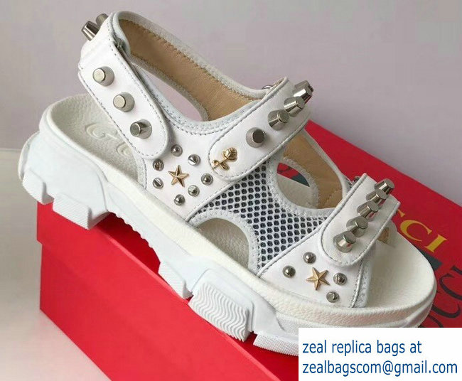 Gucci Leather And Mesh Sandals With Studs 546073 White 2019 - Click Image to Close