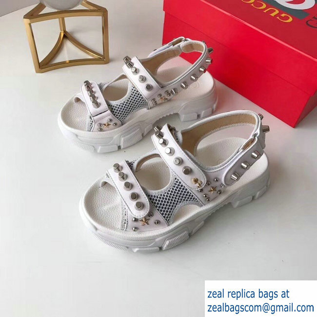 Gucci Leather And Mesh Sandals With Studs 546073 White 2019 - Click Image to Close