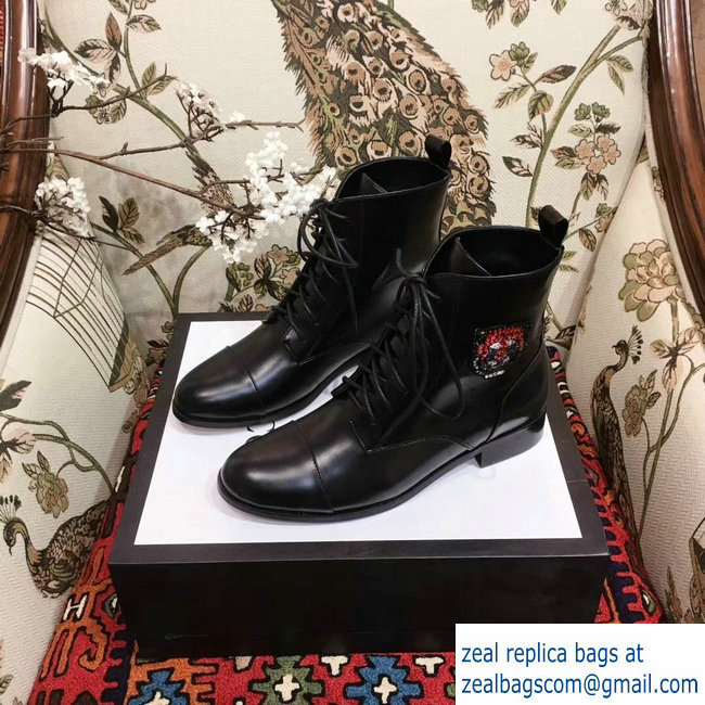 Gucci Leather Ankle Boots Black Embroidered Heart Sword And Tiger Head 2018