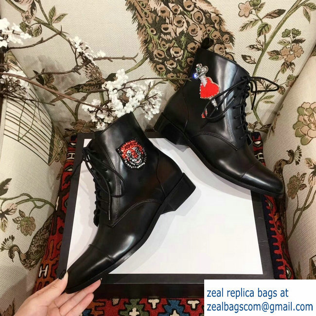 Gucci Leather Ankle Boots Black Embroidered Heart Sword And Tiger Head 2018 - Click Image to Close