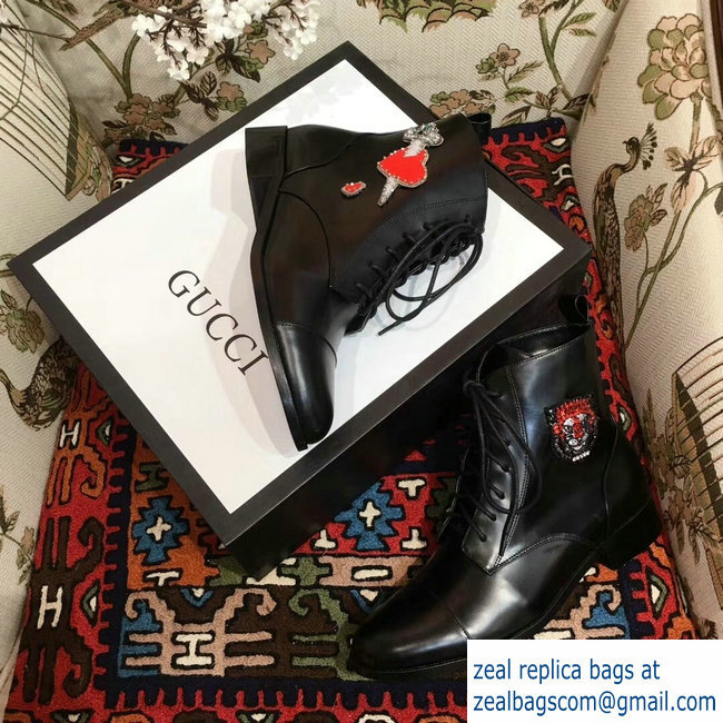 Gucci Leather Ankle Boots Black Embroidered Heart Sword And Tiger Head 2018