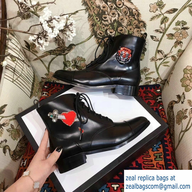 Gucci Leather Ankle Boots Black Embroidered Heart Sword And Tiger Head 2018 - Click Image to Close