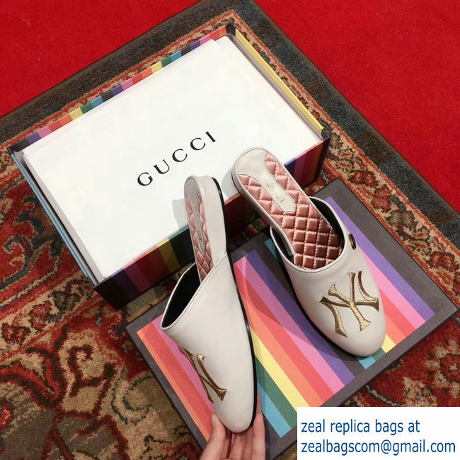 Gucci Leather Slipper with NY Yankees Patch White 2018 - Click Image to Close