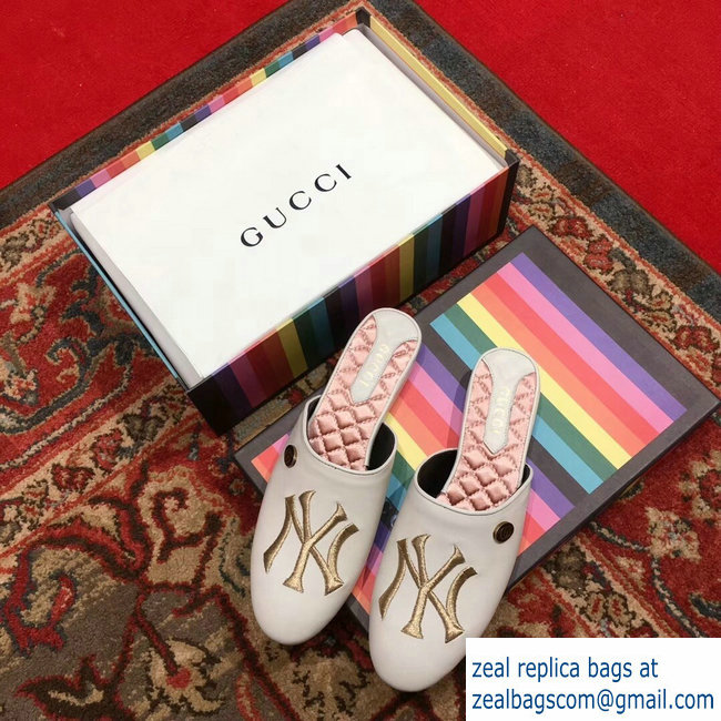 Gucci Leather Slipper with NY Yankees Patch White 2018 - Click Image to Close