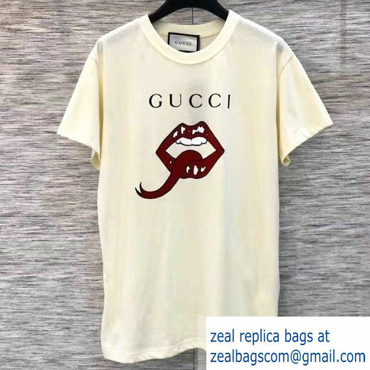 Gucci Mouth and Logo Print T-shirt Creamy 2019 - Click Image to Close